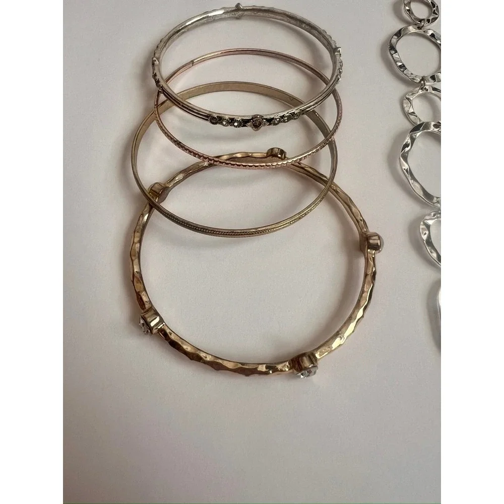 Two Necklaces & Bangle Lot‎ - Silver Tone Chain Link Statement Jewelry Set